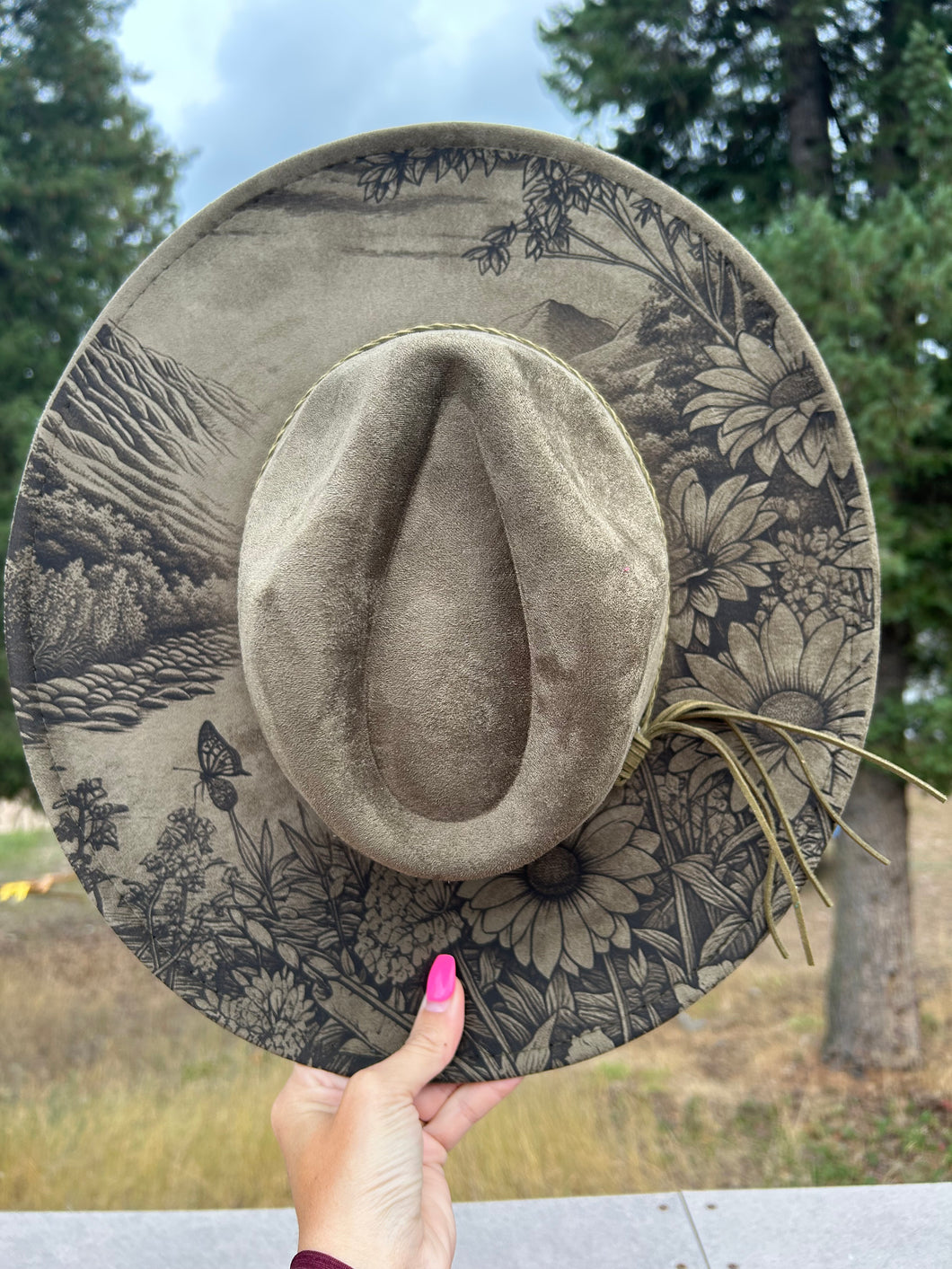 Olive Green Mountain Engraved Fedora Hat