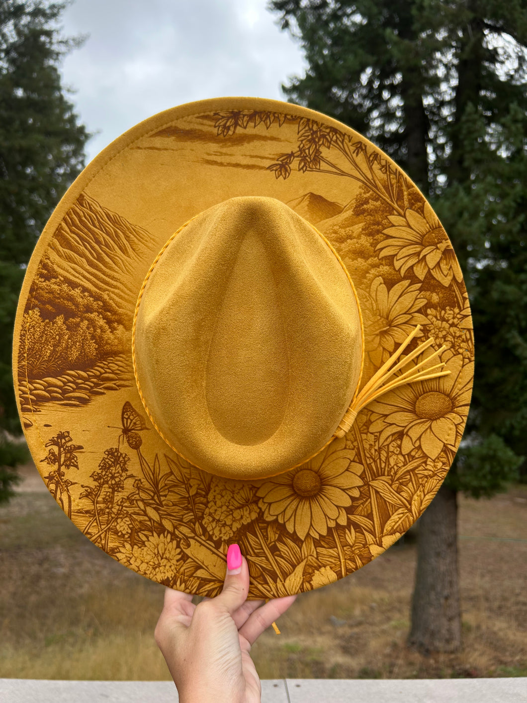 Yellow Mountain Scene Engraved Fedora Hat