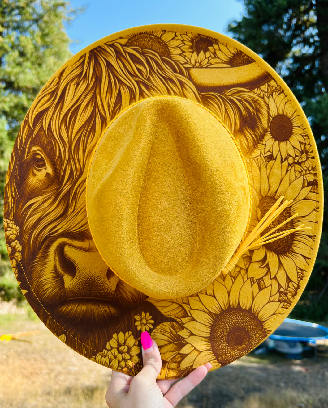 Yellow Highland Cow Sunflower Engraved Fedora Hat