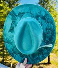Load image into Gallery viewer, Turquoise Floral and Hummingbird Design Fedora Hat with Tassel Accent
