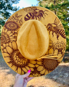 Sunflower and Bees Engraved Fedora Hat