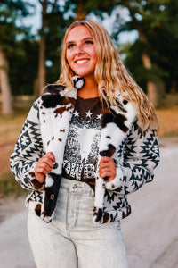 Cattle Drive Cow Print Sherpa Aztec Jacket