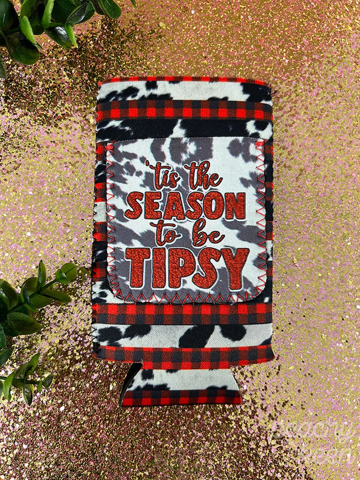 TIS THE SEASON TO BE TIPSY COW BUFFALO PLAID SLIM CAN COOLER